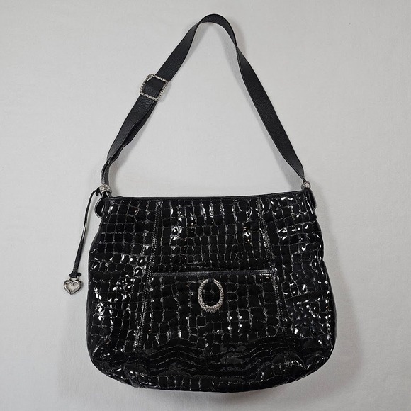 Brighton Black Croc Embossed Patent Leather Shoulder Bag Hobo Silver Tone - Picture 2 of 16
